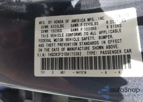 2013 Honda Accord Lx from USA, damaged, VIN 1HGCR2F31DA170062